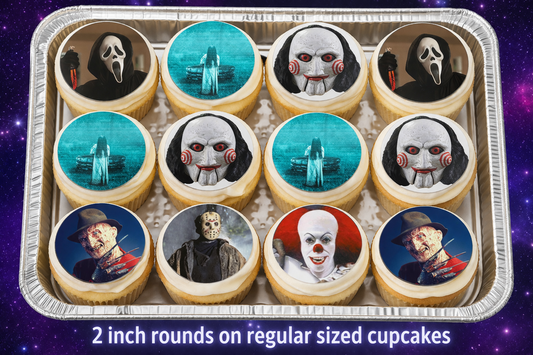 Set of 12 Scary Horror Movie pre cut edible image discs for desserts, choose your size