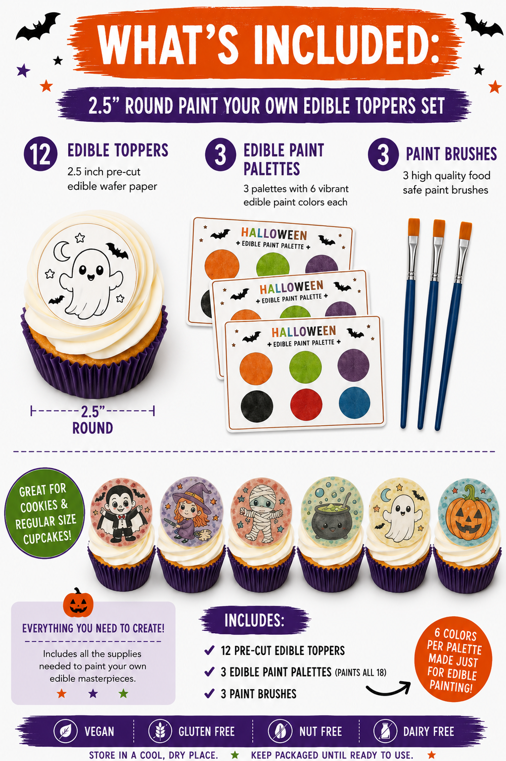 Paint Your Own Halloween Edible Cookie Toppers | 2.5" Set of 12 + Edible Paint Kit