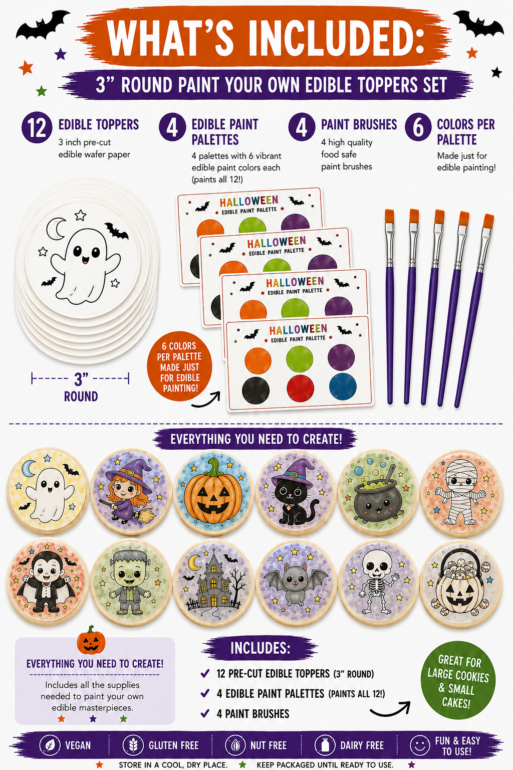 Paint Your Own Halloween Edible Cookie Toppers | 3 inch Set of 12 + Edible Paint Kit