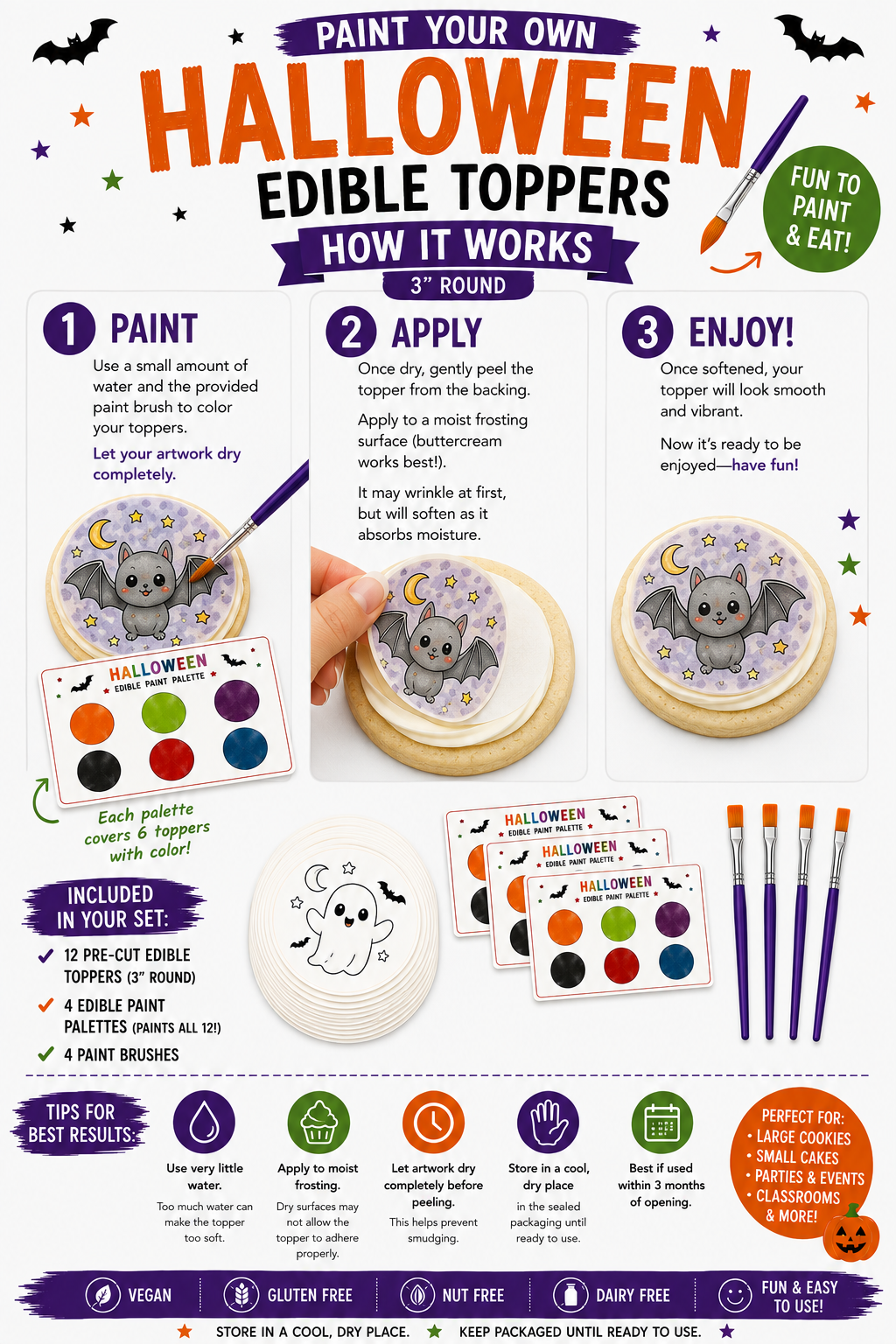 Paint Your Own Halloween Edible Cookie Toppers | 3 inch Set of 12 + Edible Paint Kit
