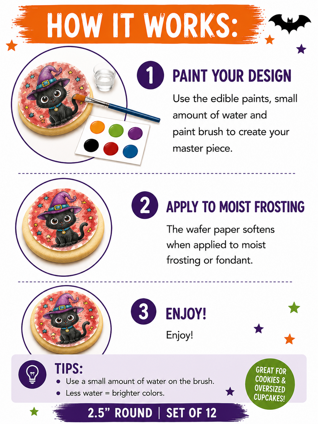 Paint Your Own Halloween Edible Cookie Toppers | 2.5" Set of 12 + Edible Paint Kit