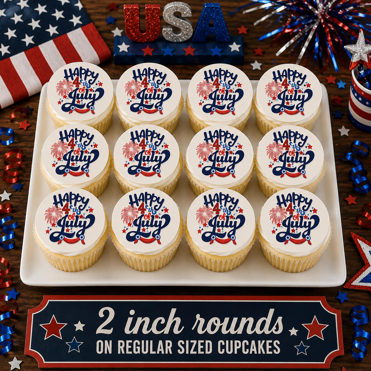 Set of 12 4th of July Fireworks edible images rounds for desserts, pre cut, many sizes available