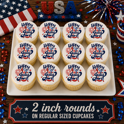 Set of 12 4th of July Fireworks edible images rounds for desserts, pre cut, many sizes available