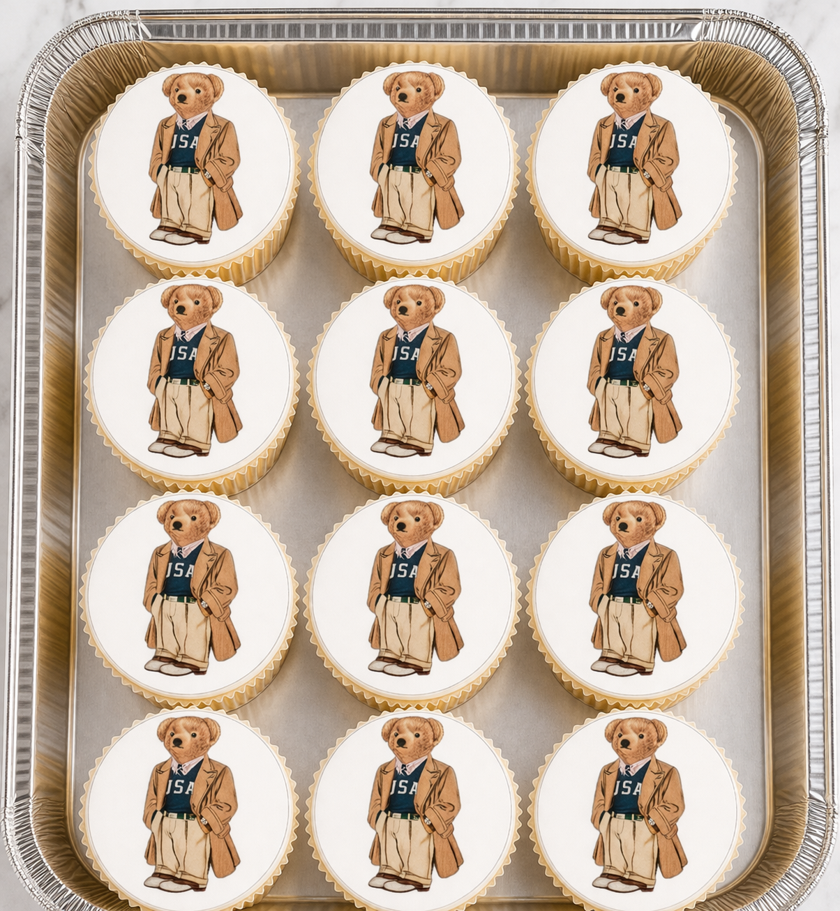 Set of 12 "Polo Bear" pre cut edible image discs for desserts, choose your size