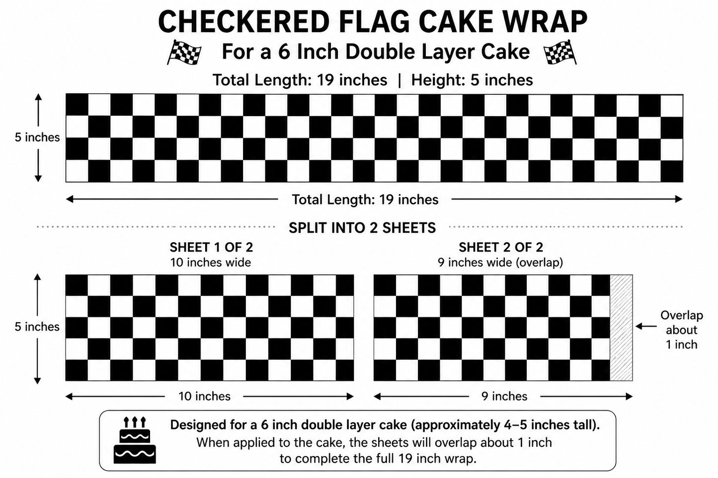 Checkered Flag Cake Wrap for a 6 inch double layer cake- edible wafer paper