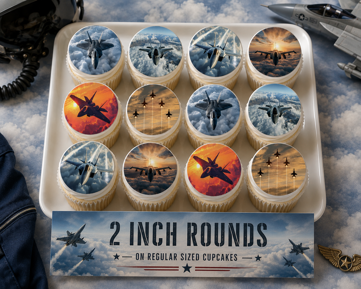 Set of 12 "Fighter Jet" pre cut edible image discs for desserts, choose your size