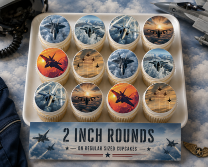 Set of 12 "Fighter Jet" pre cut edible image discs for desserts, choose your size