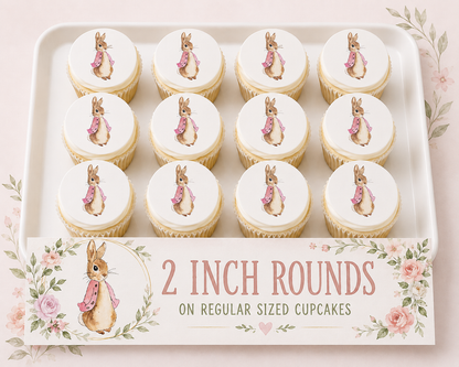 Set of 12 "Beatrix Potter, Peter Rabbit" pre cut edible image discs for desserts, choose your size