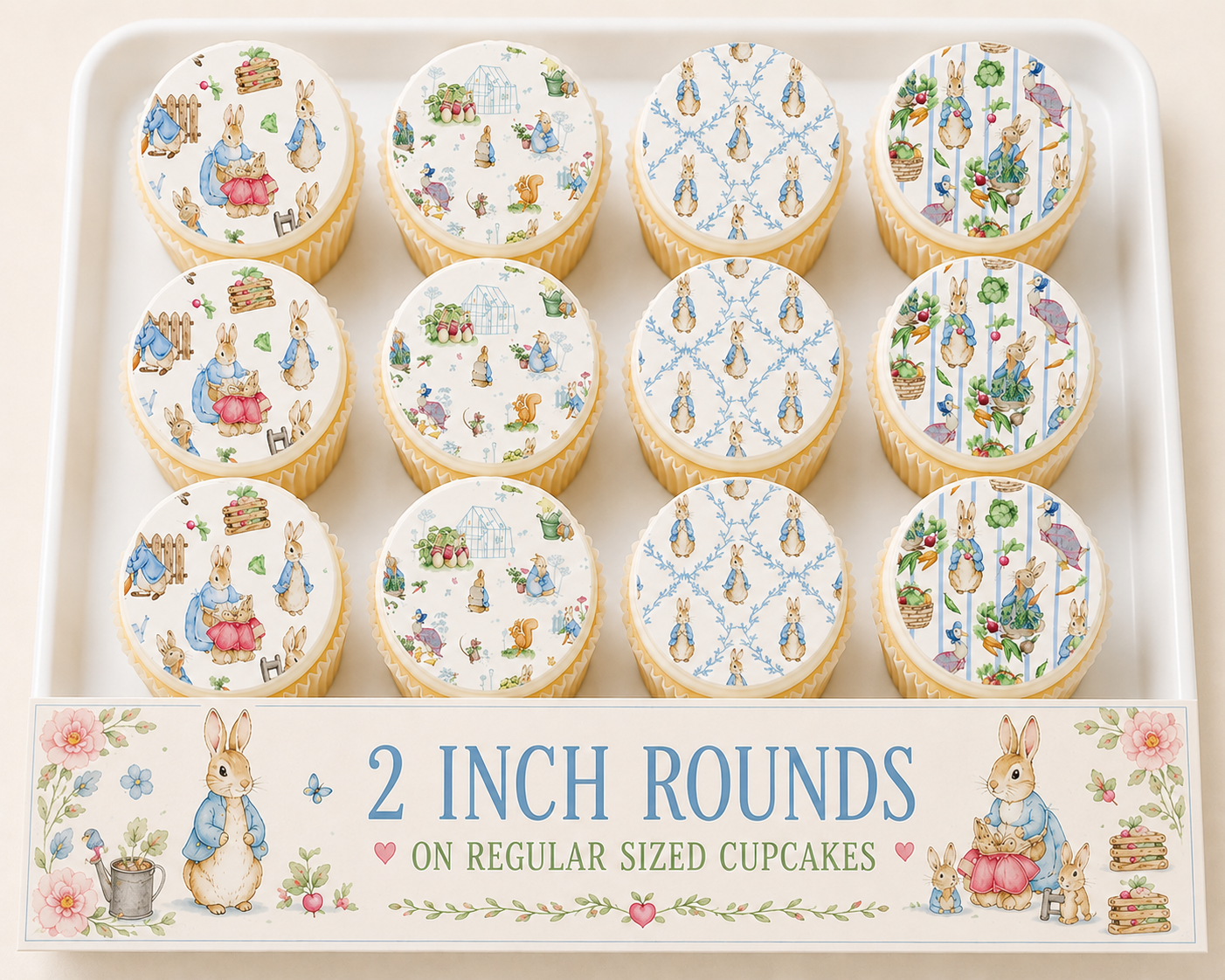 Set of 12 "Beatrix Potter, Peter Rabbit" pre cut edible image discs for desserts, choose your size