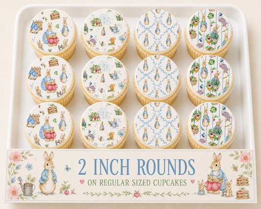 Set of 12 "Beatrix Potter, Peter Rabbit" pre cut edible image discs for desserts, choose your size
