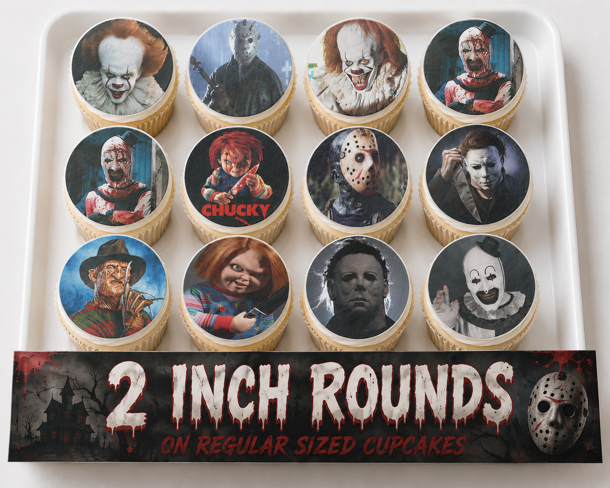 Set of 12 "Horror Movie" pre cut edible image discs for desserts, choose your size