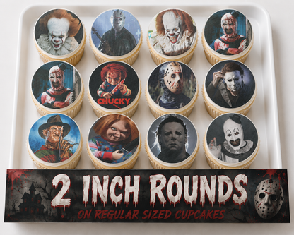 Set of 12 "Horror Movie" pre cut edible image discs for desserts, choose your size