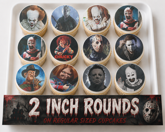 Set of 12 "Horror Movie" pre cut edible image discs for desserts, choose your size
