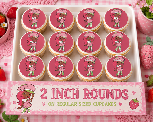 Set of 12 "Black Strawberry Shortcake" pre cut edible image discs for desserts, choose your size