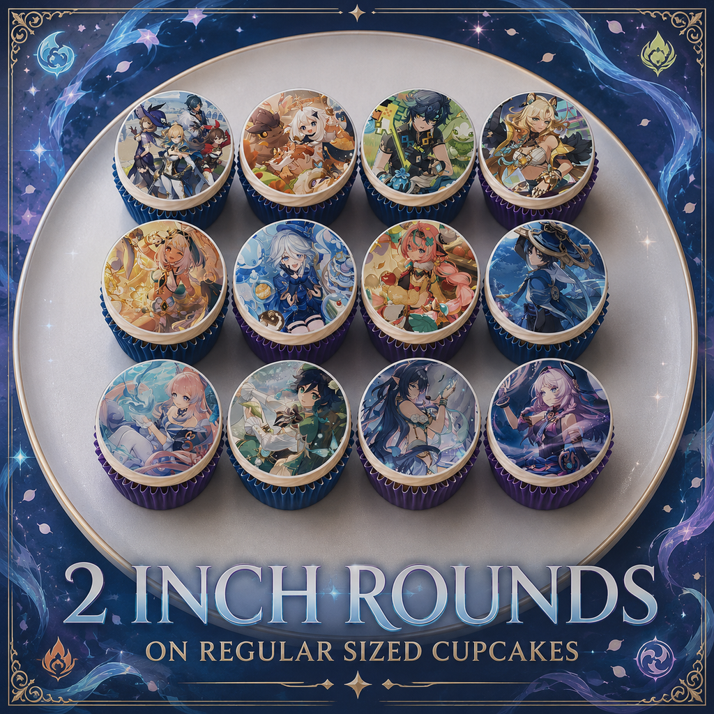 Set of 12 "Genshin Impact" pre cut edible image rounds for desserts, choose your size