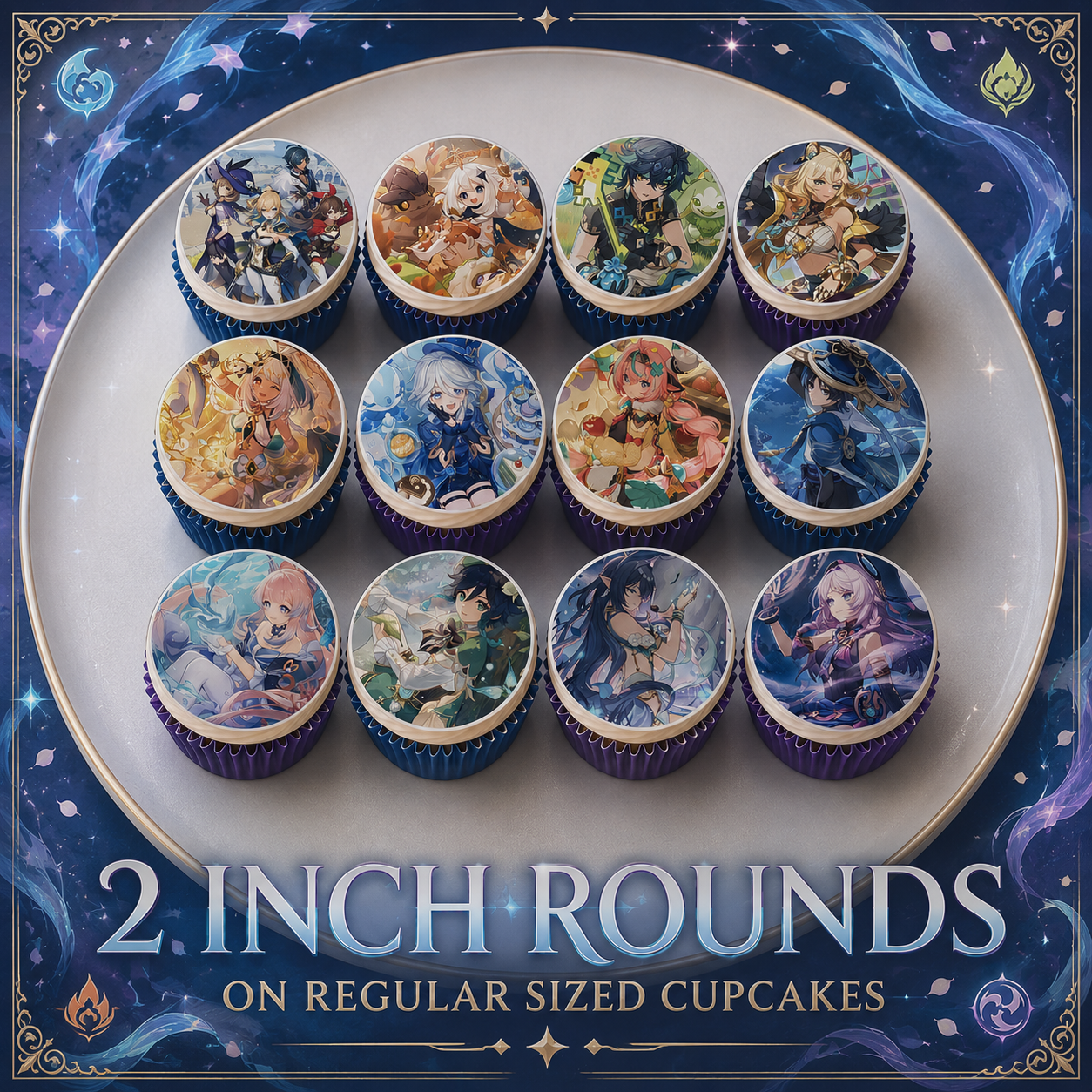 Set of 12 "Genshin Impact" pre cut edible image rounds for desserts, choose your size