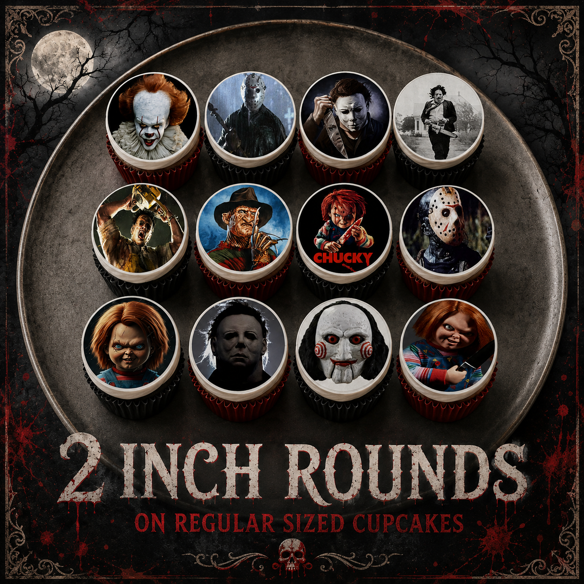 Set of 12 "Horror Movie" pre cut edible image discs for desserts, choose your size
