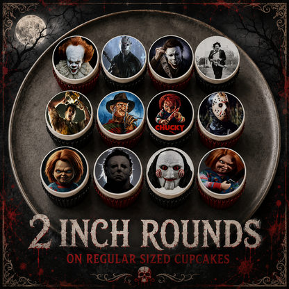 Set of 12 "Horror Movie" pre cut edible image discs for desserts, choose your size