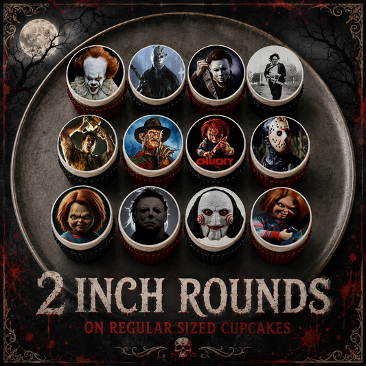 Set of 12 "Horror Movie" pre cut edible image discs for desserts, choose your size
