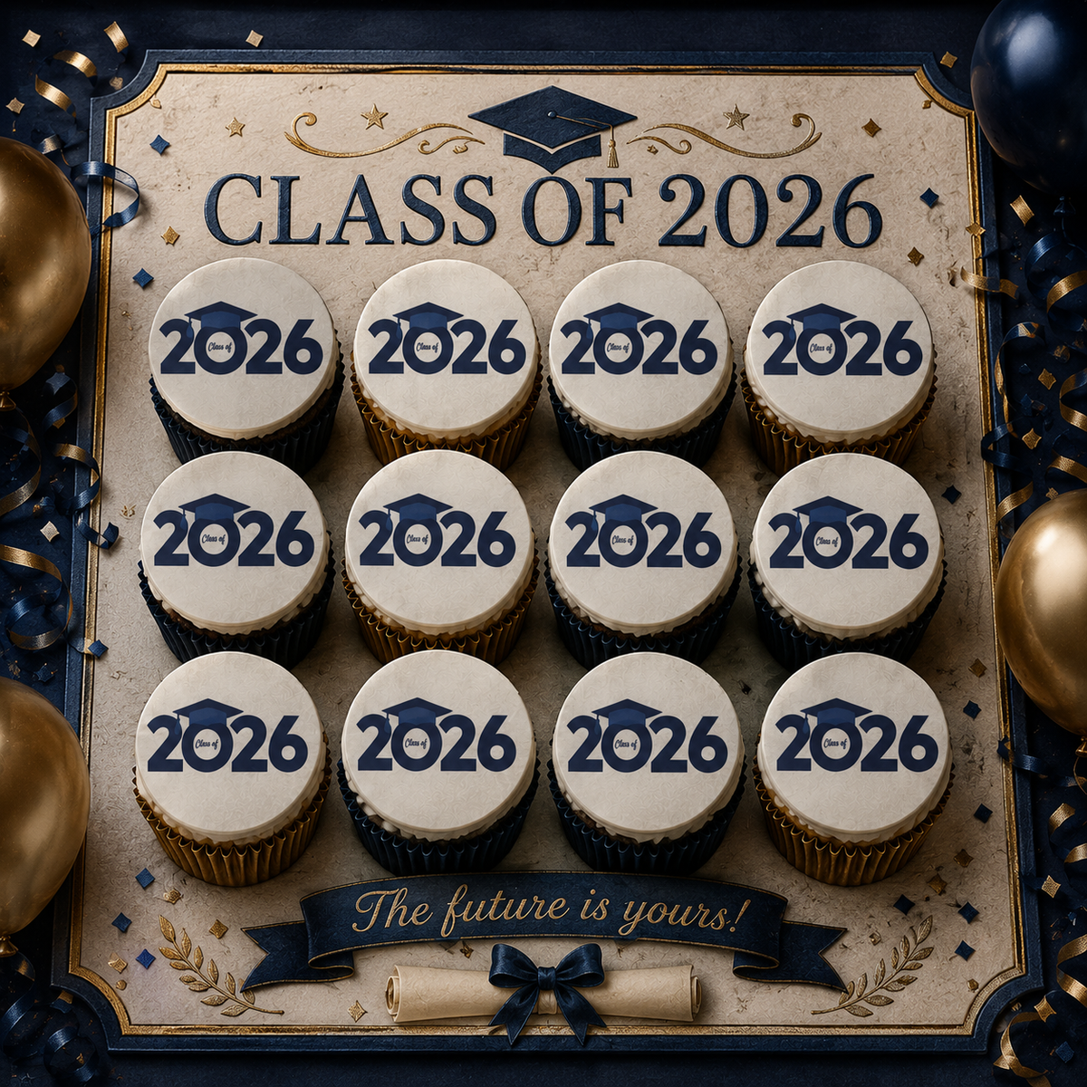 Set of 12 "2026 Graduation, Blue" pre cut edible image discs for desserts, choose your size