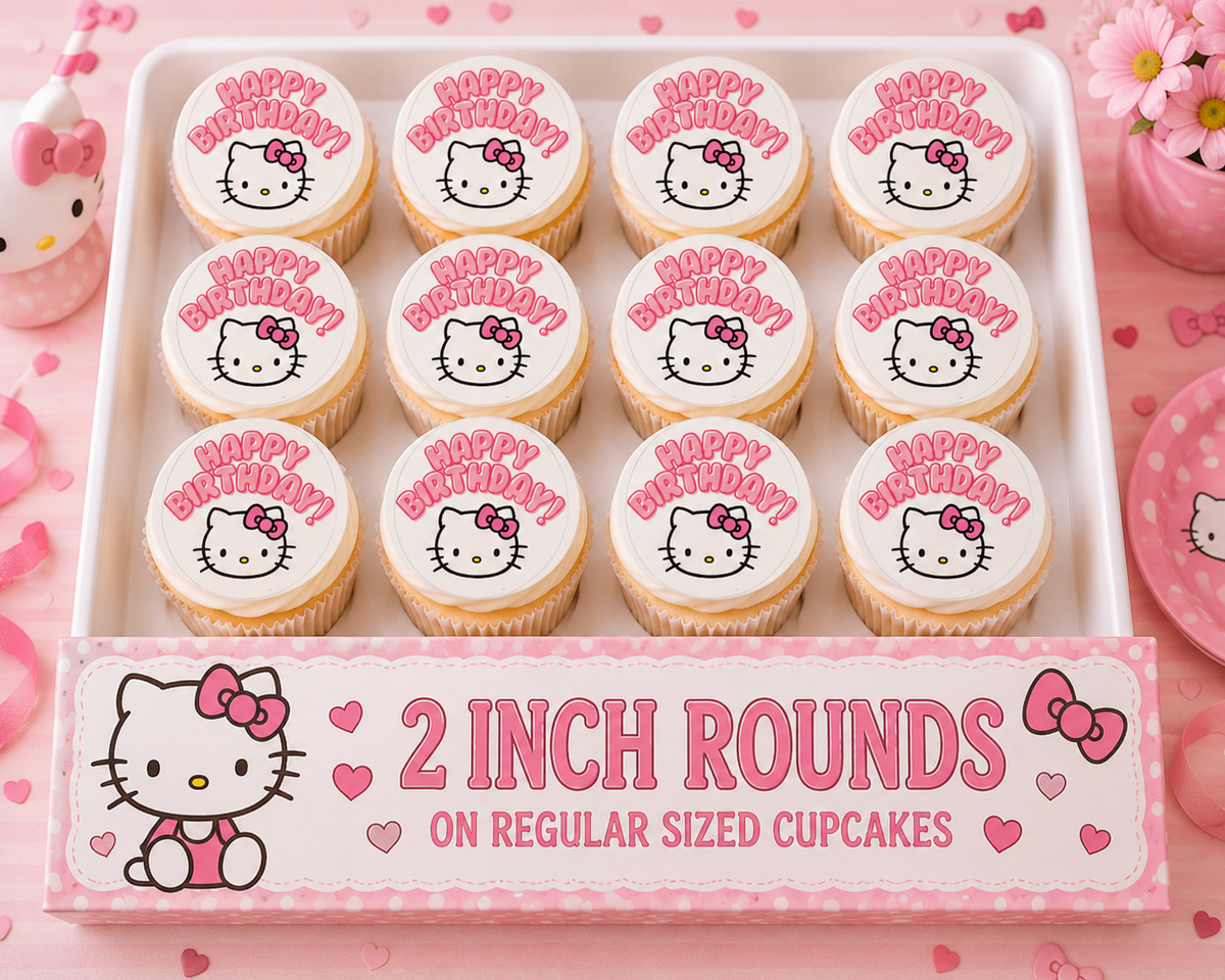 Set of 12 "Hello Kitty Happy Birthday" pre cut edible image discs for desserts, choose your size