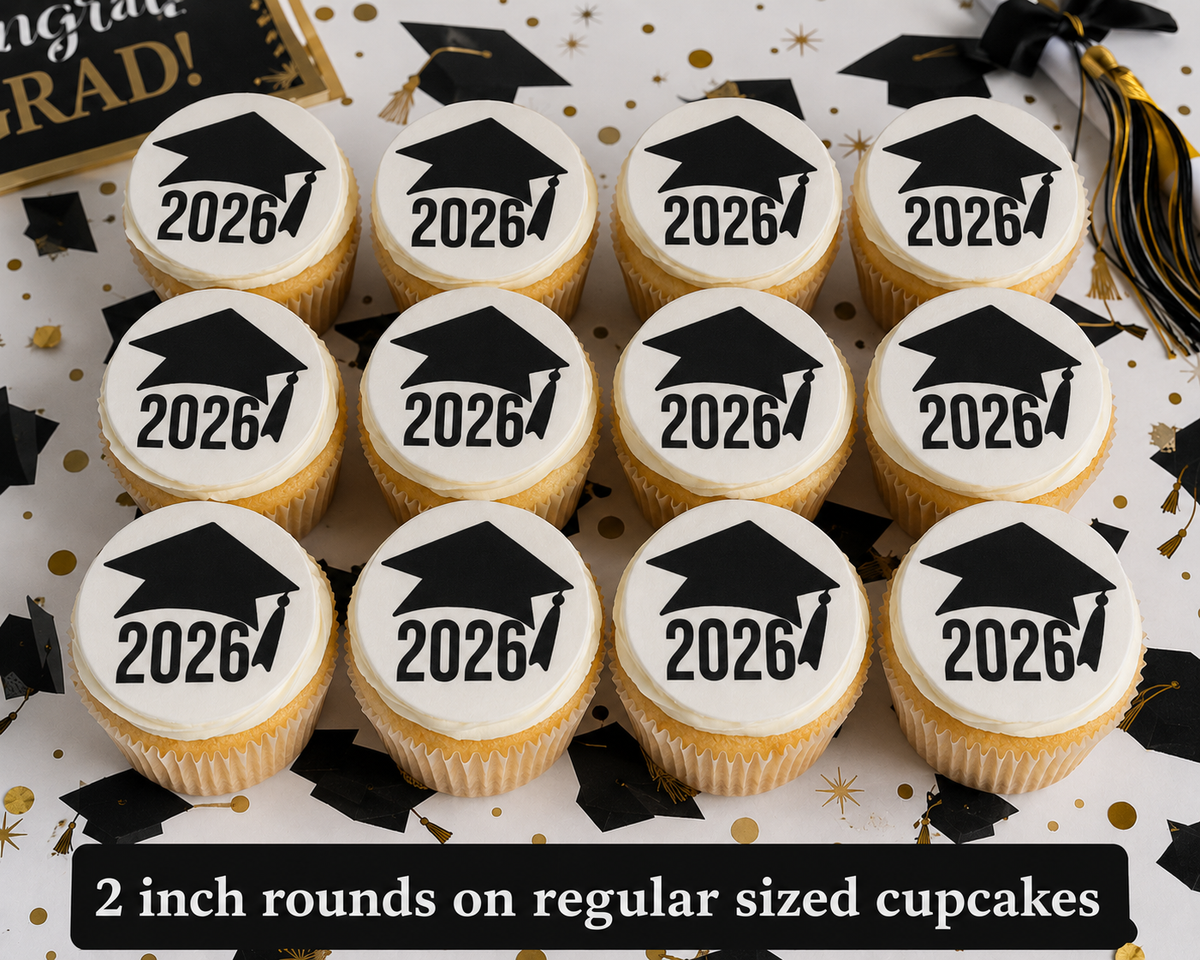 Set of 12 "2026 Graduation, Seniors" pre cut edible image discs for desserts, drink toppers, choose your size