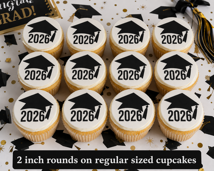 Set of 12 "2026 Graduation, Seniors" pre cut edible image discs for desserts, drink toppers, choose your size