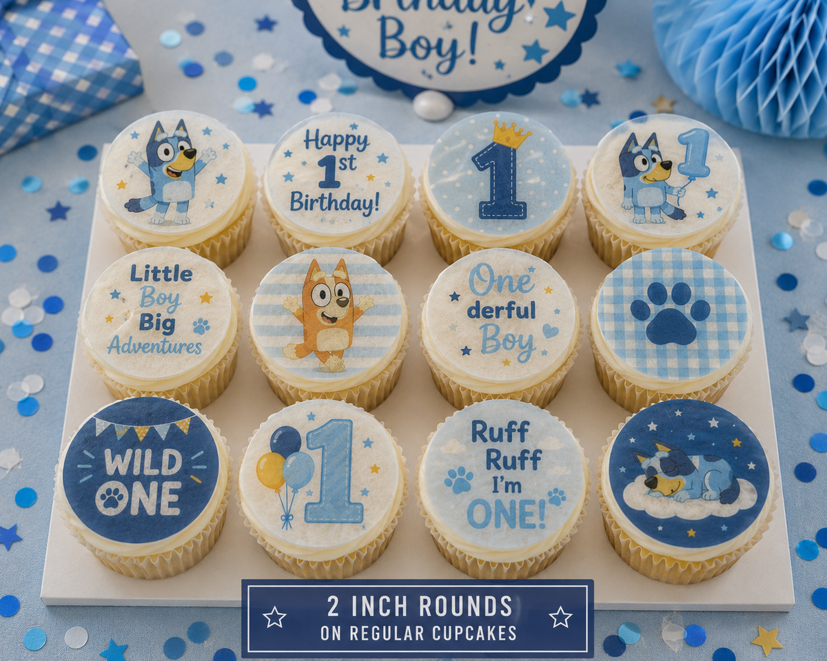 Set of 12 Bluey 1st Birthday Boy edible images rounds for desserts, pre cut, many sizes available