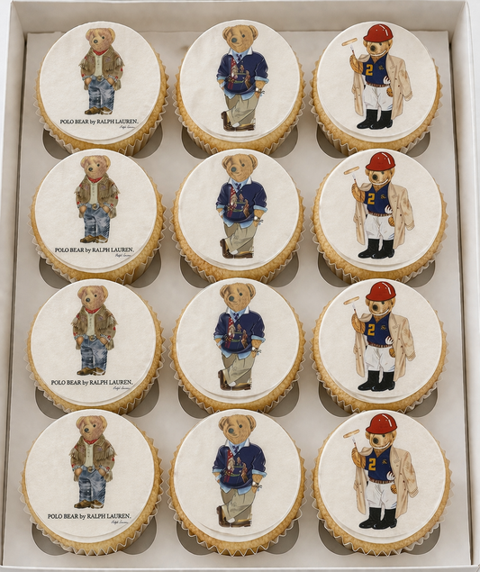 Set of 12 "Polo Bear" pre cut edible image discs for desserts, choose your size