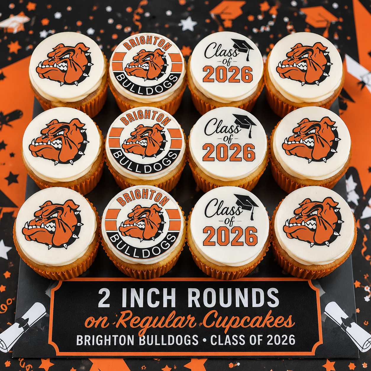 Set of 12 Brighton Bulldogs Class of 2026 edible images rounds for desserts, pre cut, many sizes available