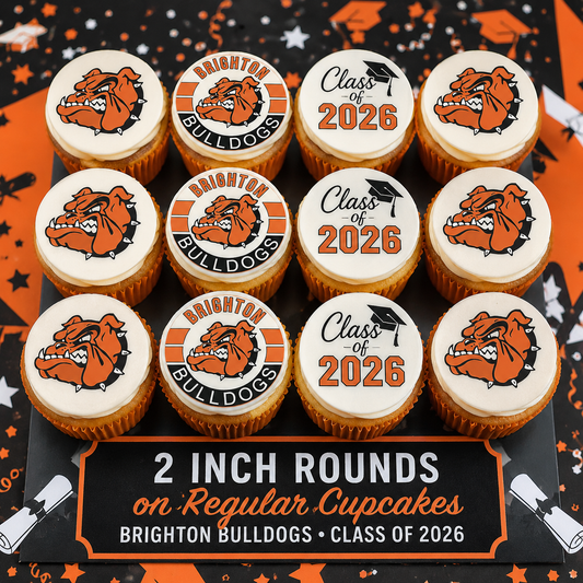Set of 12 Brighton Bulldogs Class of 2026 edible images rounds for desserts, pre cut, many sizes available
