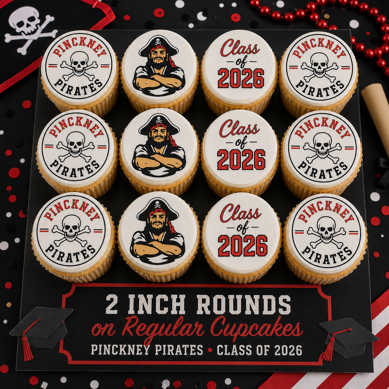 Set of 12 Pinckney Pirates Class of 2026 edible images rounds for desserts, pre cut, many sizes available