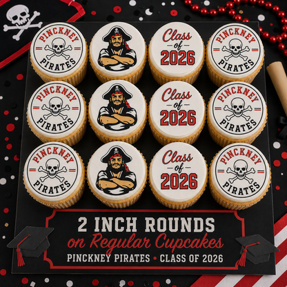 Set of 12 Pinckney Pirates Class of 2026 edible images rounds for desserts, pre cut, many sizes available