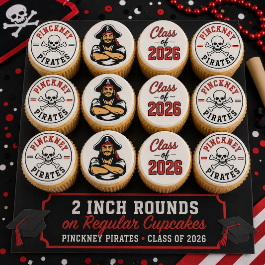 Set of 12 Pinckney Pirates Class of 2026 edible images rounds for desserts, pre cut, many sizes available