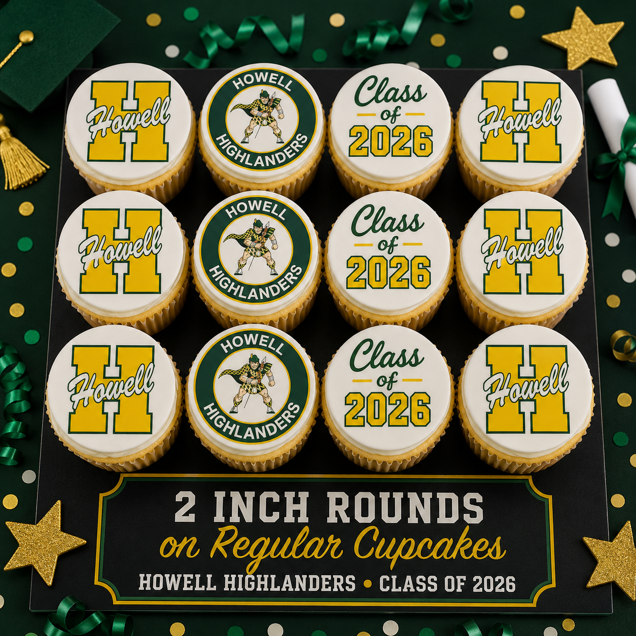 Set of 12 Howell Highlanders Class of 2026 edible images rounds for desserts, pre cut, many sizes available