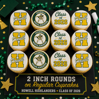 Set of 12 Howell Highlanders Class of 2026 edible images rounds for desserts, pre cut, many sizes available
