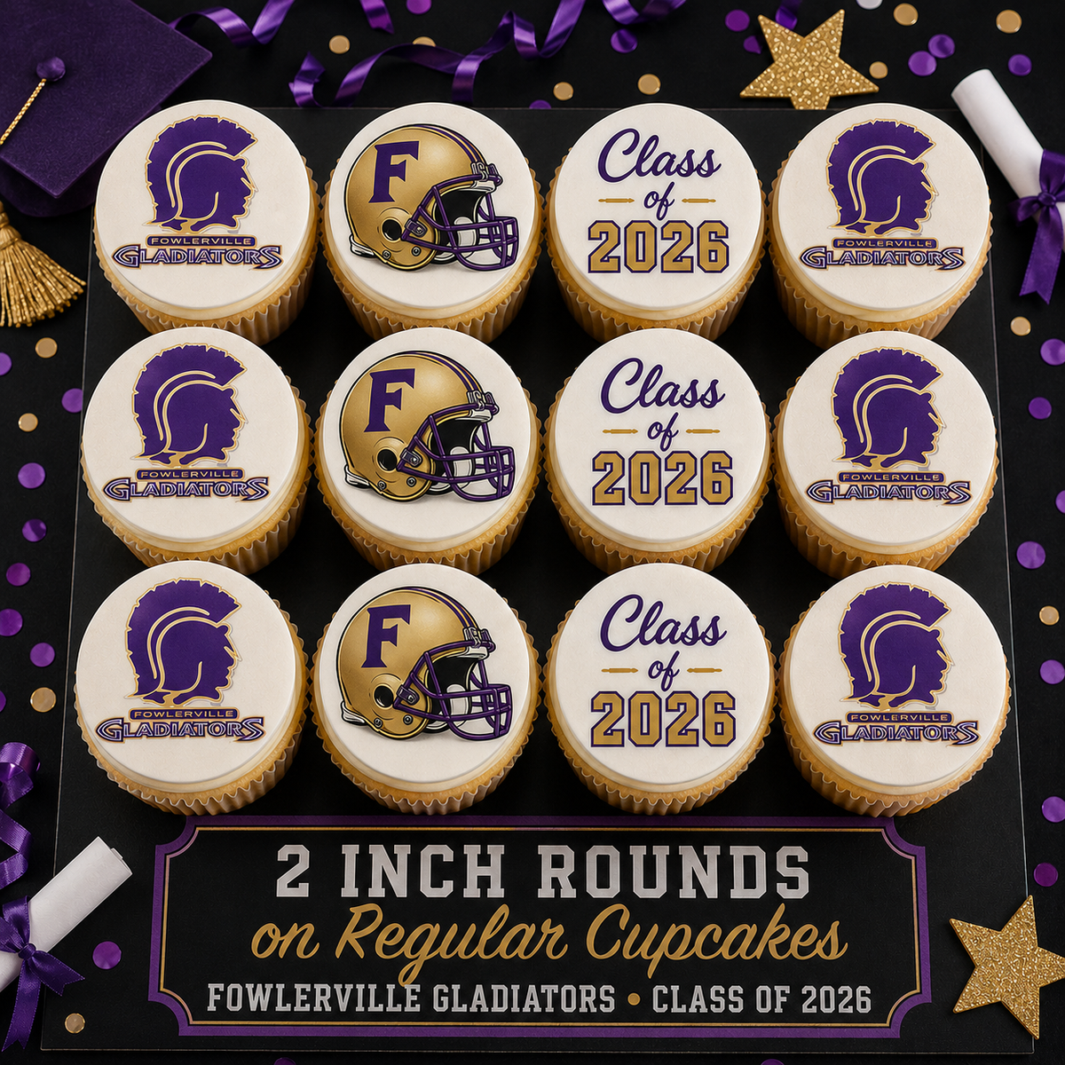 Set of 12 Fowlerville Gladiators Class of 2026 edible images rounds for desserts, pre cut, many sizes available