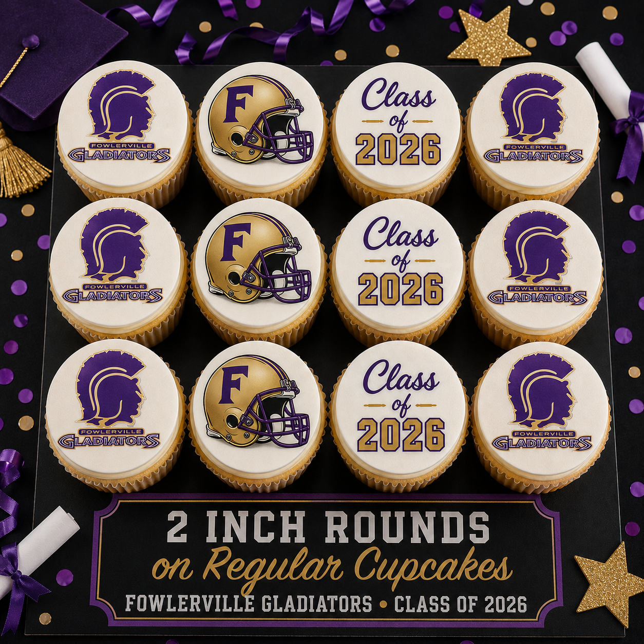 Set of 12 Fowlerville Gladiators Class of 2026 edible images rounds for desserts, pre cut, many sizes available