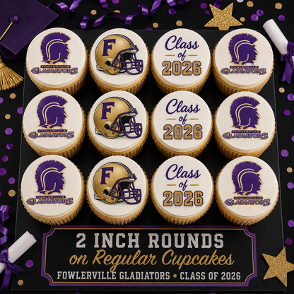 Set of 12 Fowlerville Gladiators Class of 2026 edible images rounds for desserts, pre cut, many sizes available