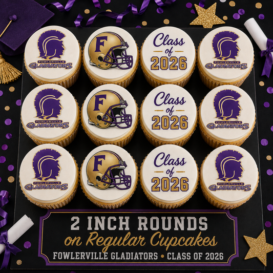 Set of 12 Fowlerville Gladiators Class of 2026 edible images rounds for desserts, pre cut, many sizes available