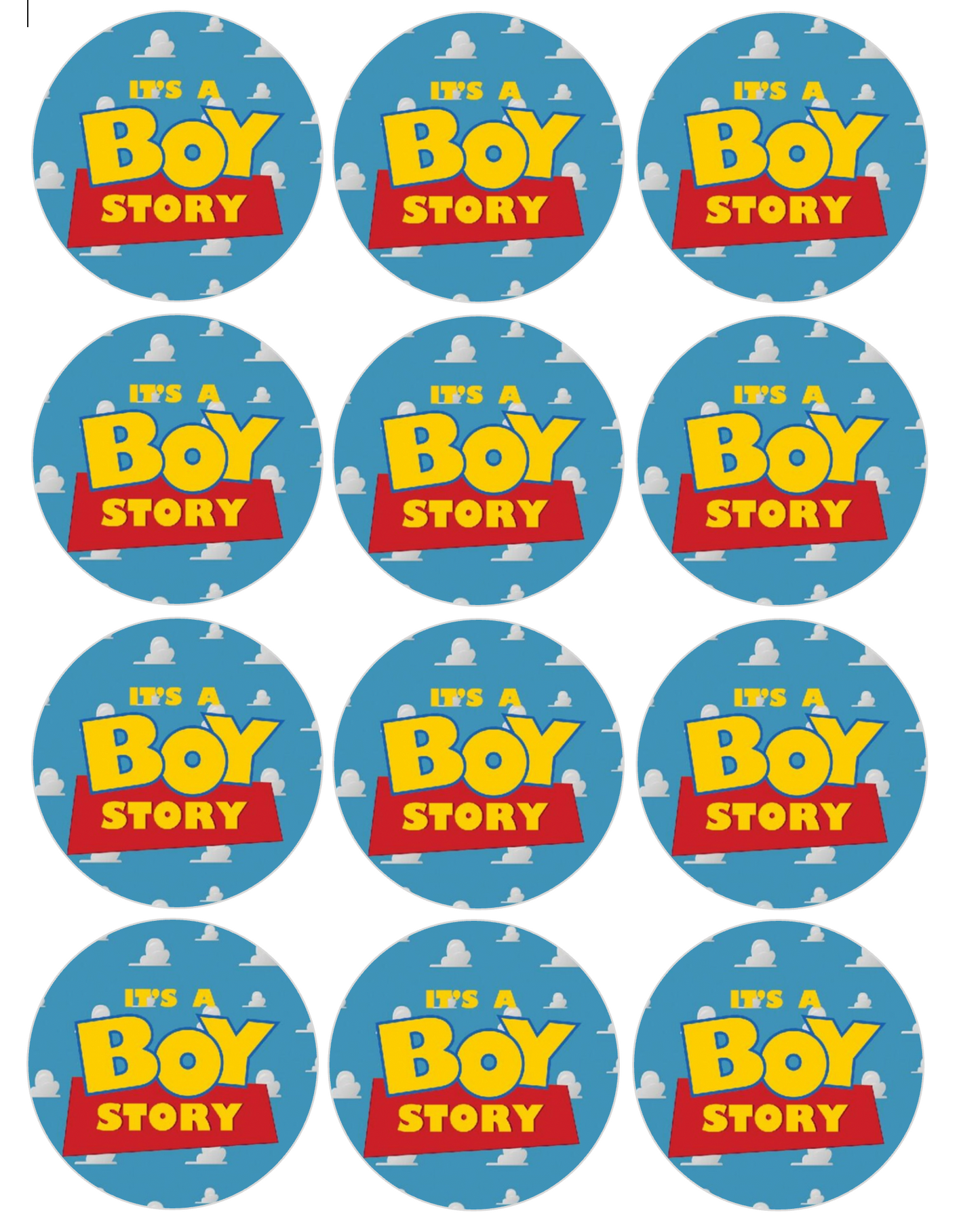 Set of 12 "It’s a Boy Story" pre cut edible image discs for desserts, choose your size