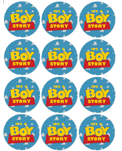 Set of 12 "It’s a Boy Story" pre cut edible image discs for desserts, choose your size