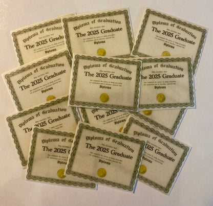 Set of 12 Tiny Edible Diplomas 1.34"x1.75",  "The 2025 Graduate", pre cut