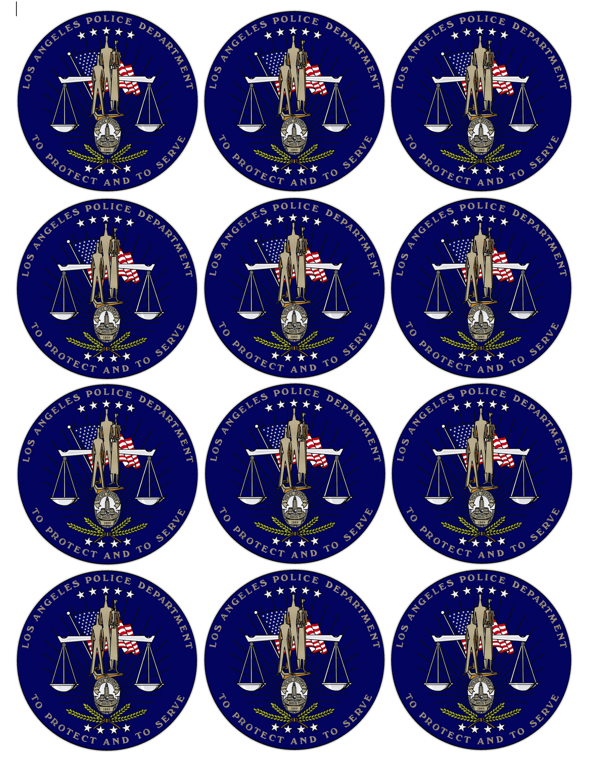 Set of 12 "LA Los Angeles Police Department" pre cut edible image discs for desserts, choose your size