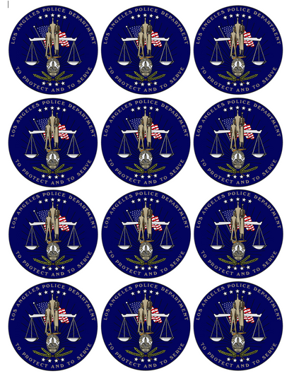 Set of 12 "LA Los Angeles Police Department" pre cut edible image discs for desserts, choose your size