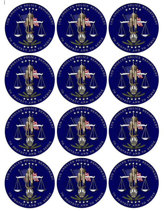 Set of 12 "LA Los Angeles Police Department" pre cut edible image discs for desserts, choose your size