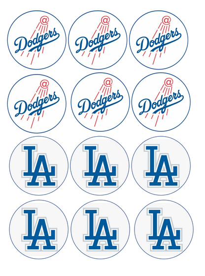 Set of 12 "LA dodgers" pre cut edible image rounds for desserts, drink toppers, choose your size