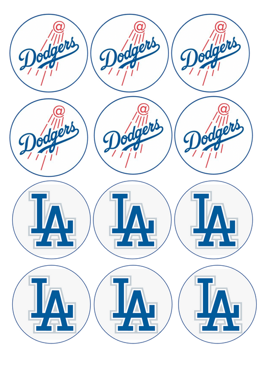 Set of 12 "LA dodgers" pre cut edible image rounds for desserts, drink toppers, choose your size