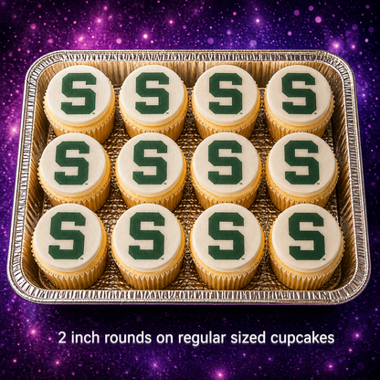 Set of 12 MSU Michigan State Spartans edible images rounds for desserts, pre cut, many sizes available