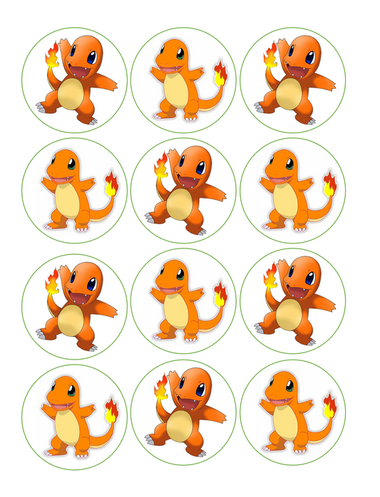 Set of 12 edible image rounds, Charmander, pre cut, many sizes available